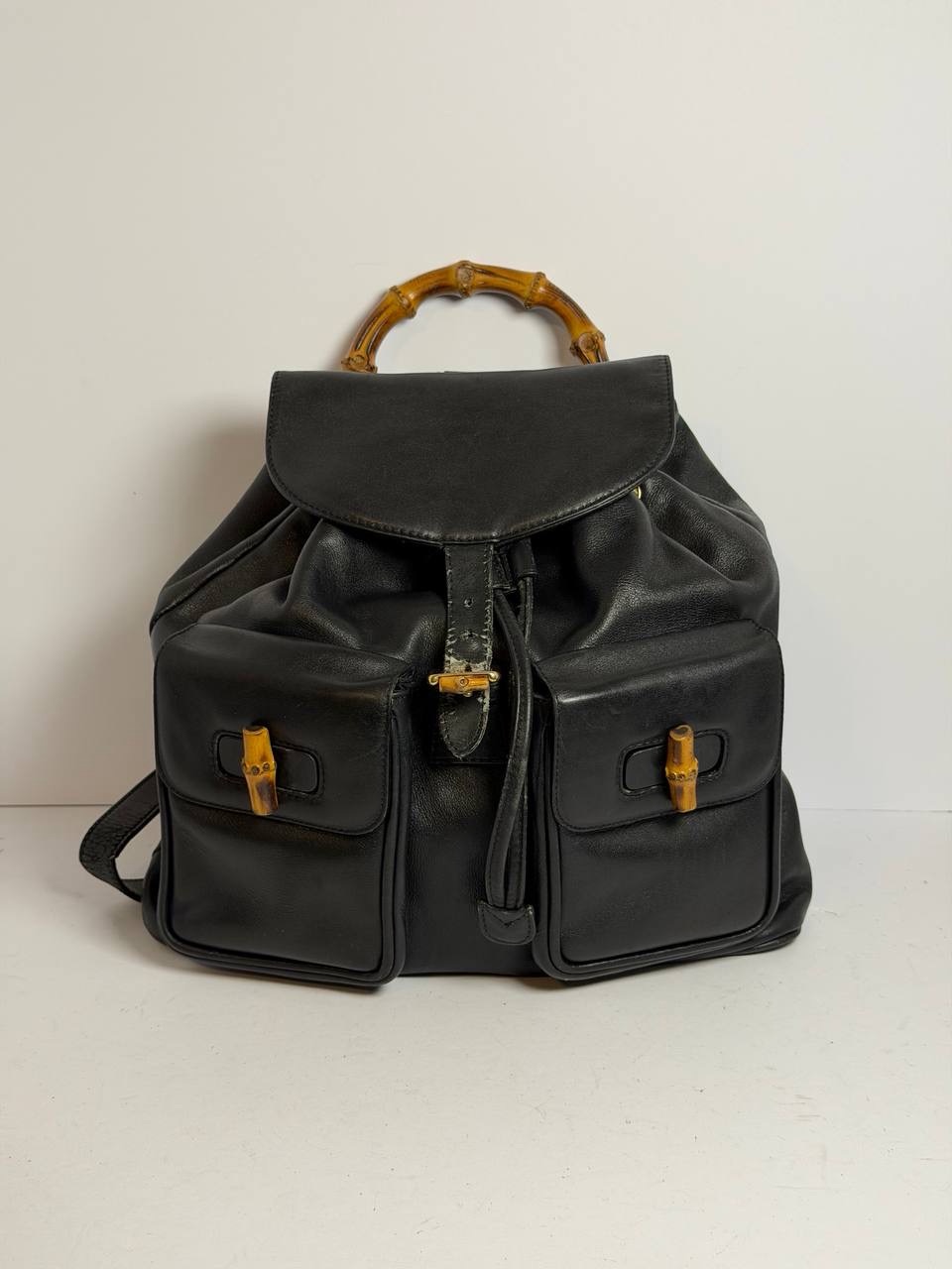 Vintage Gucci Bamboo Black Leather Backpack